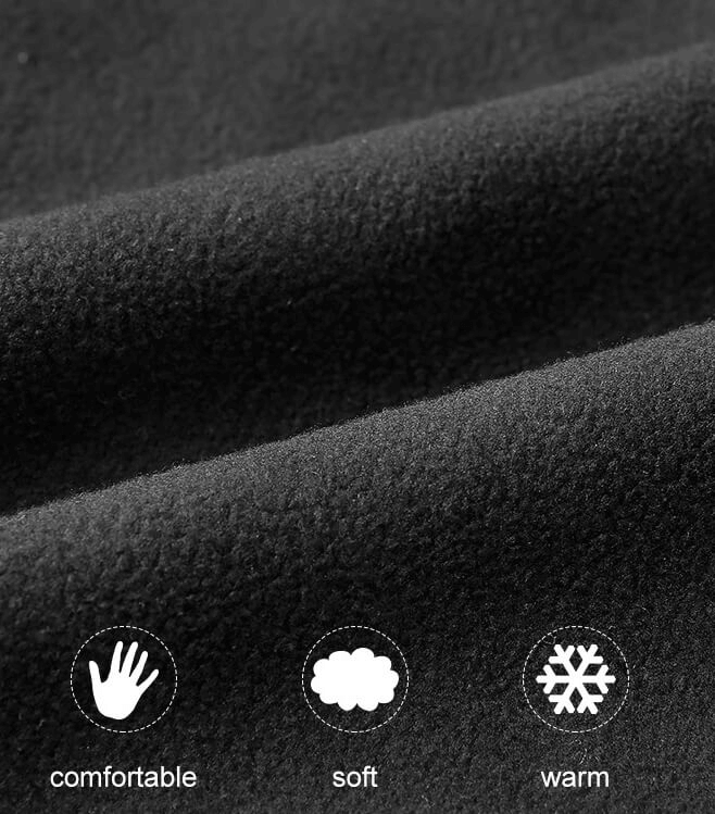 Close-up of black fleece polyester fabric with text 'comfortable, soft, warm' highlighting its texture and quality.